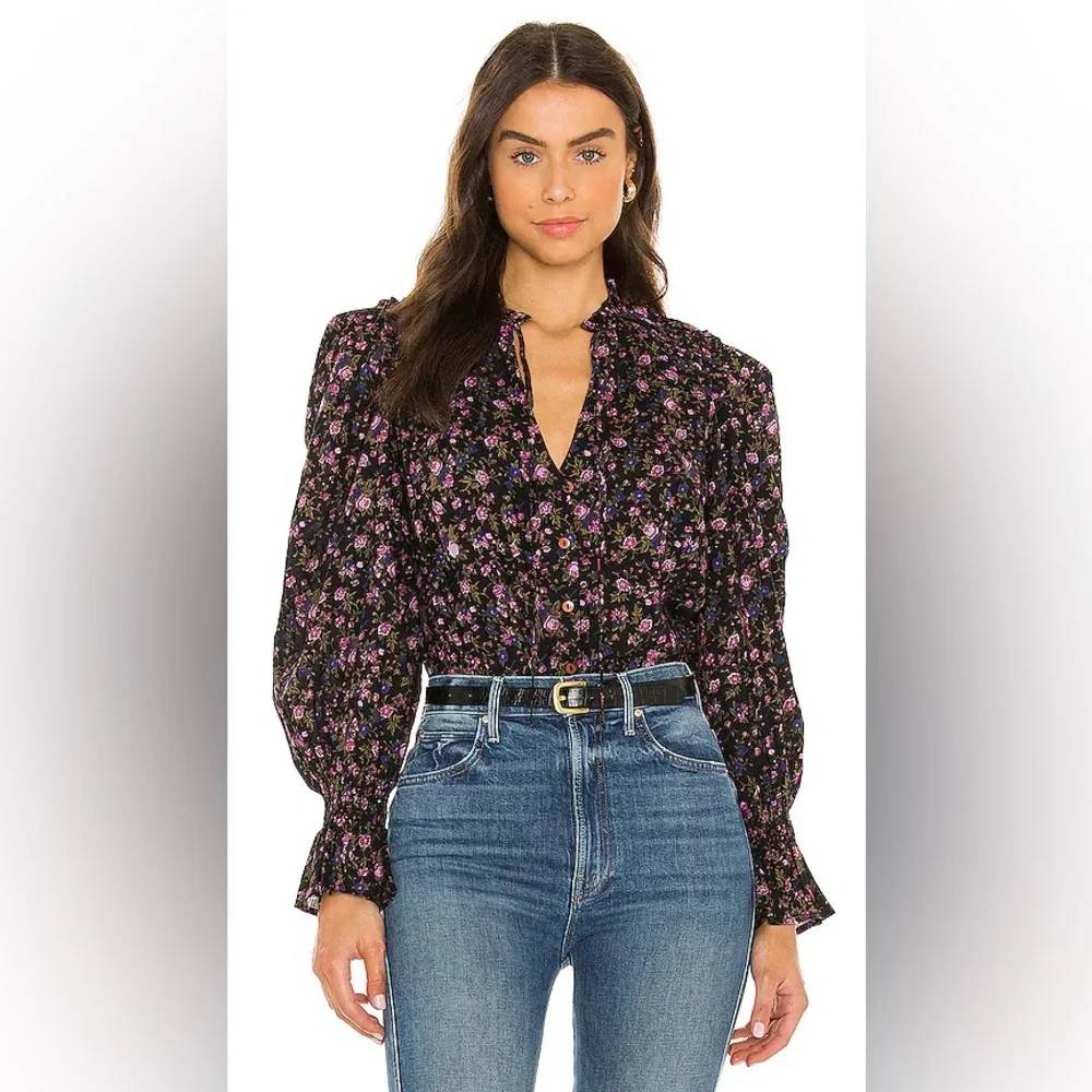 Free People Meant To Be Black Floral Print‎ Full Mutton Sleeve Peasant Blouse M